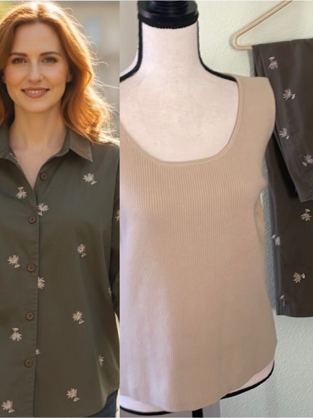 Embroidered Stretch 3 Piece Cotton Shirt, Tee & Ankle Pants Size 14
